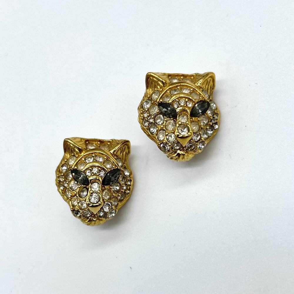 Trifari Leopard Earrings Gold Tone Rhinestone Vintage Clip Ons Big Cat Tiger